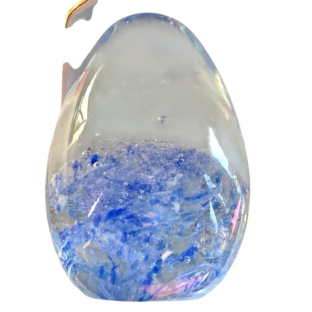 Handblown Art Glass Egg Shaped Paperweight Blue Bubble Art ocean beach marble 3"